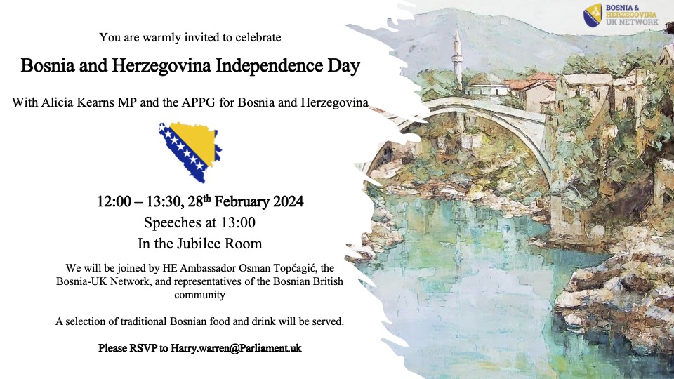 BH UK Network organizuje svečani prijem u Parlamentu Velike Britanije povodom Dana nezavisnosti Bosne i Hercegovine